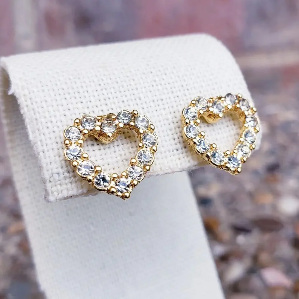 Vintage Earrings Austrian Crystal Heart Shaped Pierced Gold Tone Post w/ Box .5